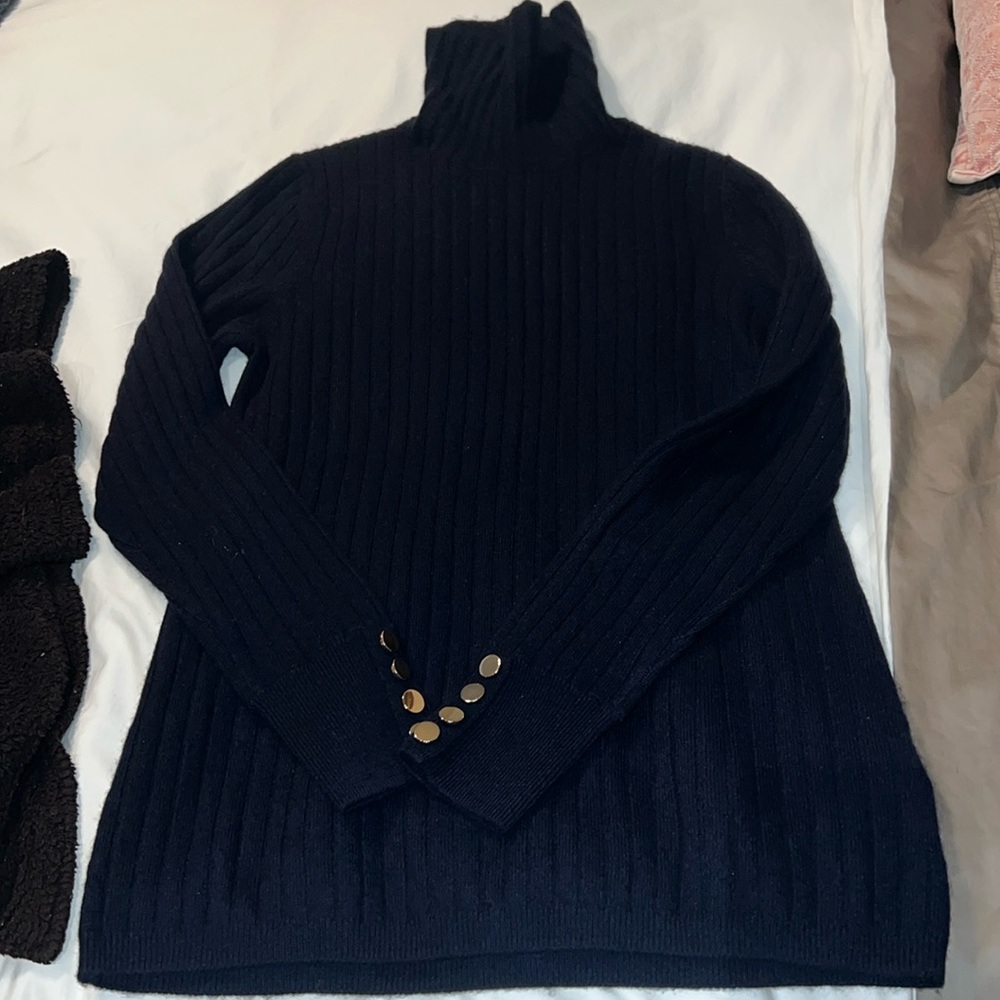 Naadam Soft by naadam Navy ribbed turtleneck sweater with gold buttons on sleeve